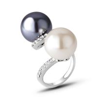 Pearl Brass Finger Ring, with Plastic Pearl & for woman & with rhinestone, silver color 