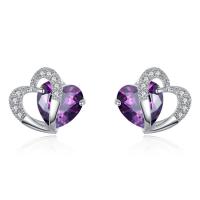 Cubic Zircon Brass Earring, with Cubic Zirconia, Heart, platinum color plated, for woman 8mm 
