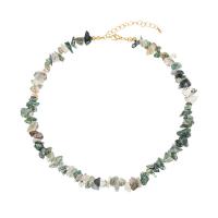 Gemstone Chip Necklaces, Natural Stone, with Brass, with 5cm extender chain, real gold plated, for woman, mixed colors Approx 37 cm 