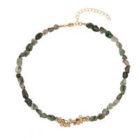 Gemstone Chip Necklaces, Natural Stone, with Brass, with 5cm extender chain, real gold plated, for woman, green Approx 38 cm 