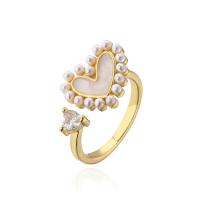 Cubic Zirconia Micro Pave Brass Finger Ring, 18K gold plated, Adjustable & micro pave cubic zirconia & for woman & with plastic pearl, gold 