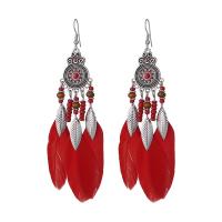 Fashion Fringe Earrings, Zinc Alloy, with Seedbead & Feather, antique silver color plated, Bohemian style & for woman 