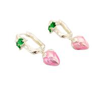 Huggie Hoop Drop Earring, Brass, Flower Bud, silver color plated, for woman & enamel & with rhinestone, pink 