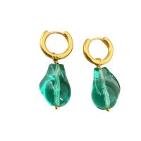 Huggie Hoop Drop Earring, Brass, with Lampwork, 18K gold plated, for woman, green 