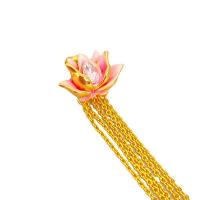 Fashion Fringe Earrings, Brass, Flower, 18K gold plated, for woman & enamel & with rhinestone, pink 