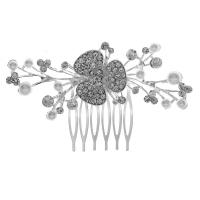 Decorative Hair Combs, Zinc Alloy, with Plastic Pearl, silver color plated & for woman & with rhinestone, silver color 