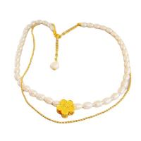 Freshwater Pearl Brass Necklace, with Freshwater Pearl, Flower, 18K gold plated, Double Layer & for woman 