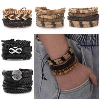 PU Leather Bracelet Set, with Glass Beads & Wood & Zinc Alloy, silver color plated & for man 