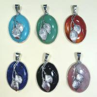 Gemstone Brass Pendants, with Brass, Ellipse, silver color plated, DIY 