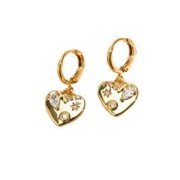 Huggie Hoop Drop Earring, Brass, Heart, gold color plated, micro pave cubic zirconia & for woman, gold 