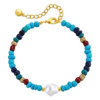 Glass Pearl Jewelry Bracelets, Brass, with Seedbead & Plastic Pearl, 18K gold plated, for woman Approx 6.7 Inch 