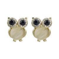 Zinc Alloy Rhinestone Stud Earring, with Cats Eye, Owl, gold color plated, for woman & with rhinestone, golden 