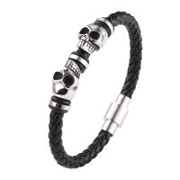 Leather Bracelet, with Microfiber PU & 316 Stainless Steel, Skull, polished, fashion jewelry & for man 6mm 
