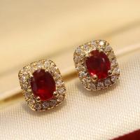 Cubic Zircon (CZ) Stud Earring, Brass, Square, platinum color plated, micro pave cubic zirconia & for woman, red 