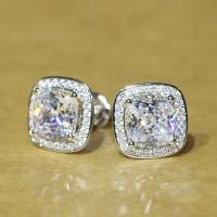Cubic Zircon (CZ) Stud Earring, Brass, Square, platinum color plated, micro pave cubic zirconia & for woman, 12mm 
