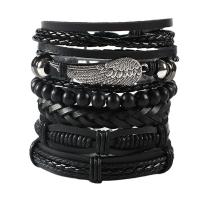 Cowhide Bracelets, with PU Leather & Wood & Zinc Alloy, polished, 6 pieces & fashion jewelry & Unisex, black, 180mm [