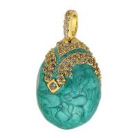 Cubic Zirconia Micro Pave Brass Pendant, Oval, gold color plated, DIY & micro pave cubic zirconia & enamel, Peacock Blue Approx 2mm 