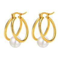 Stainless Steel Hoop Earring, 304 Stainless Steel, with Plastic Pearl, Vacuum Ion Plating, fashion jewelry & for woman, golden 