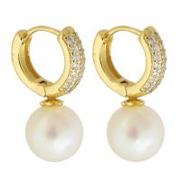 Huggie Hoop Drop Earring, Brass, with Plastic Pearl, Round, gold color plated, fashion jewelry & micro pave cubic zirconia & for woman, golden 