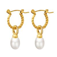 Huggie Hoop Drop Earring, Titanium Steel, with Plastic Pearl, gold color plated, for woman & with rhinestone, golden 
