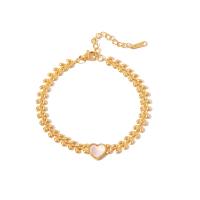Stainless Steel Charm Bracelet, 304 Stainless Steel, with White Shell, with 4cm extender chain, Heart, Vacuum Ion Plating, fashion jewelry & for woman, golden, 9mm Approx 16.5 cm 