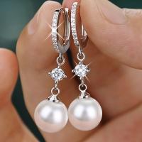 Huggie Hoop Drop Earring, Brass, with Plastic Pearl, Round, platinum plated, micro pave cubic zirconia & for woman, 8mm 