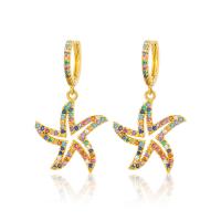 Huggie Hoop Drop Earring, Brass, Starfish, 18K gold plated, micro pave cubic zirconia & for woman & hollow 