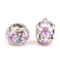 Enamel Zinc Alloy European Beads, Flat Round, silver color plated, DIY & with rhinestone, pink Approx 
