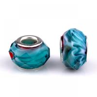 Lampwork European Large Hole Beads, with Iron, Flat Round, silver color plated, DIY, blue Approx 