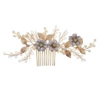Decorative Hair Combs, Plastic Pearl, with brass wire, Flower, gold color plated, for woman & with rhinestone, golden 