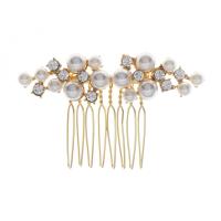 Decorative Hair Combs, Plastic Pearl, with Brass, gold color plated, for woman & with rhinestone, golden 