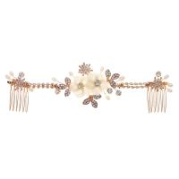 Decorative Hair Combs, Brass, with Polymer Clay & Plastic Pearl, gold color plated, for woman & with rhinestone, golden 