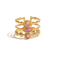 Gemstone Stainless Steel Finger Ring, 304 Stainless Steel, with Pink Aventurine, Vacuum Ion Plating, fashion jewelry & for woman, golden 