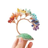 Rich Tree Decoration, Gemstone, with brass wire, antique copper color plated, for home and office, mixed colors, 100-110x50-70mm 
