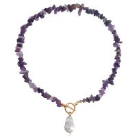 Gemstone Chip Necklaces, Zinc Alloy, with Freshwater Pearl & Amethyst, gold color plated, fashion jewelry & for woman cm 