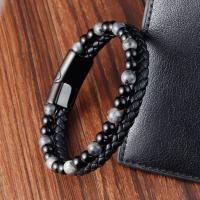 PU Leather Bracelet, with Gemstone & 304 Stainless Steel, black ionic, fashion jewelry & for man, black cm 