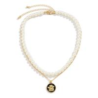 Iron Necklace, with zinc alloy pendant & Plastic Pearl, with 2.7inch extender chain, Flat Round, plated, Double Layer & for man & enamel Approx 15.7 Inch, Approx 17.7 Inch 