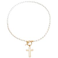 Plastik-Perlenkette, Zinklegierung, mit ABS-Kunststoff-Perlen & Acryl, Kreuz, goldfarben plattiert, Modeschmuck & für Frau, zwei verschiedenfarbige, 35mm, Länge:43 cm, verkauft von Strang