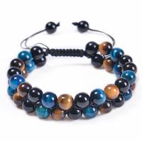 Gemstone Woven Ball Bracelets, Tiger Eye, with Knot Cord & Obsidian, Double Layer & fashion jewelry & Unisex, 16mm Approx 7.5-11.8 Inch 