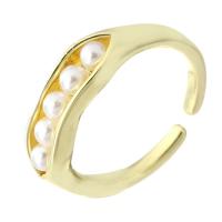 Жемчужина латуни палец кольцо, Латунь, плакированный настоящим золотом, Регулируемый & Женский & с пластиковыми жемчужина, золотой, 6mm, размер:7.5, продается PC