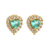 Cubic Zircon (CZ) Stud Earring, Brass, Heart, real gold plated & micro pave cubic zirconia & for woman, green 