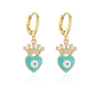 Evil Eye Earrings, Brass, Heart, real gold plated & micro pave cubic zirconia & for woman & enamel 