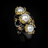 Pearl Brass Finger Ring, with Plastic Pearl & for woman & with rhinestone, black 