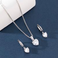 Brass Cubic Zirconia Jewelry Sets, earring & necklace, with 1.97inch extender chain, Heart, silver color plated, 2 pieces & fashion jewelry & micro pave cubic zirconia & for woman Approx 14.96 Inch 