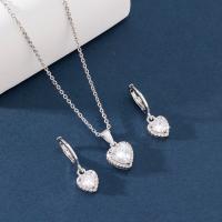 Brass Cubic Zirconia Jewelry Sets, earring & necklace, with 1.97inch extender chain, Heart, silver color plated, 2 pieces & fashion jewelry & micro pave cubic zirconia & for woman Approx 14.96 Inch 