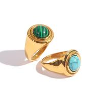 Gemstone Stainless Steel Finger Ring, 304 Stainless Steel, with turquoise & Malachite, Vacuum Ion Plating, fashion jewelry & for woman 