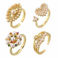 Brass Cuff Finger Ring, with Plastic Pearl, 18K gold plated & micro pave cubic zirconia & for woman, golden 
