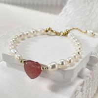 Zinc Alloy Pearl Bracelets, Freshwater Pearl, with Strawberry Quartz & Zinc Alloy, with 2.36inch extender chain, Heart, fashion jewelry & for woman Approx 5.91 Inch 