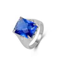 Хрустальное латунное палец кольцо, Латунь, с Кристаллы, Квадратная форма, Платиновое покрытие платиновым цвет, ювелирные изделия моды & разный размер для выбора & Женский, голубой 4mm, размер:6-10, продается PC