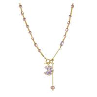 Freshwater Pearl Brass Necklace, with Brass, with 5cm extender chain, Flower, gold color plated, fashion jewelry & adjustable & micro pave cubic zirconia & for woman .6 cm 